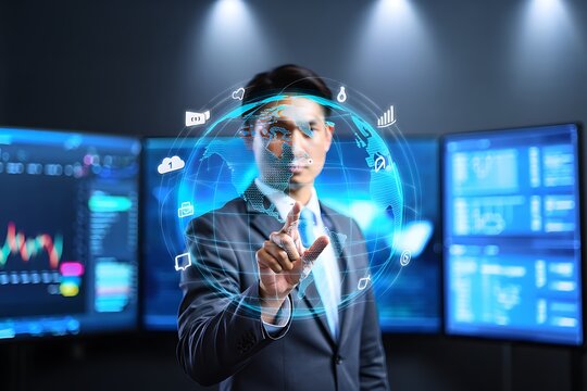 Businessman analytics data global network technology interface digital business solution success