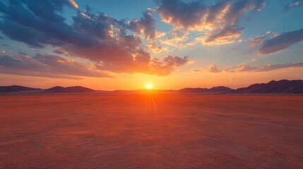 Fototapeta premium Sunset over desert with mountain landscape in the background. Suitable for articles about traveling and nature.