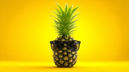 Pineapple wearing stylish black sunglasses stands against a vibrant yellow background, showcasing a fun and playful tropical fruit concept with a modern twist