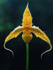 Stunning yellow orchid with dark speckles, isolated on black background.  Close-up view of exotic flower.