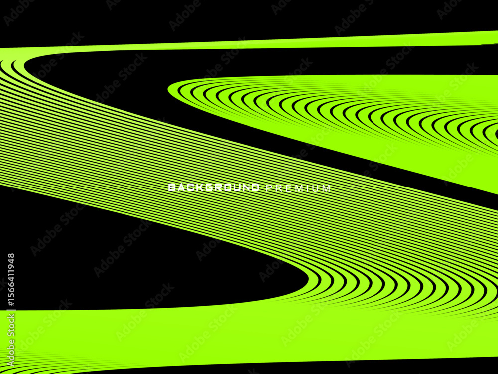 Fototapete background pattern of bright green neon stripes that curve and wavy dynamically on a black backgroun