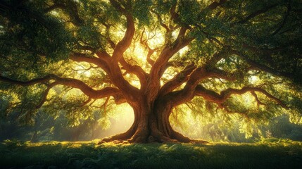Fototapeta premium A majestic tree with a thick crown, illuminated by sunlight in the forest. Suitable for articles about nature, ecology and travel.