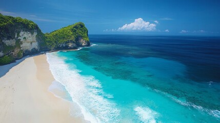 Fototapeta premium Beach with white sand and turquoise water, surrounded by rocks and greenery. Great for travel websites, vacation ads and travel articles.