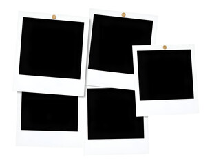 Multiple white instant camera frames with pushpins arranged in a dynamic overlapping display.