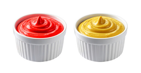 Ketchup and mustard swirling in white ramekins on transparent background