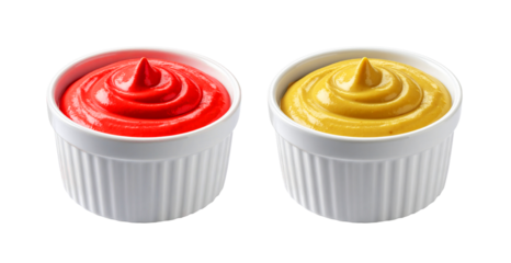 Ketchup and mustard swirling in white ramekins on transparent background