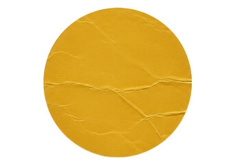 A yellow round sticker with a cracked surface is isolated on transparent background