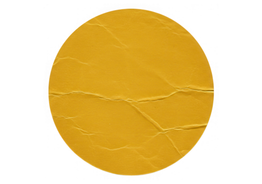 A yellow round sticker with a cracked surface is isolated on transparent background - Powered by Adobe