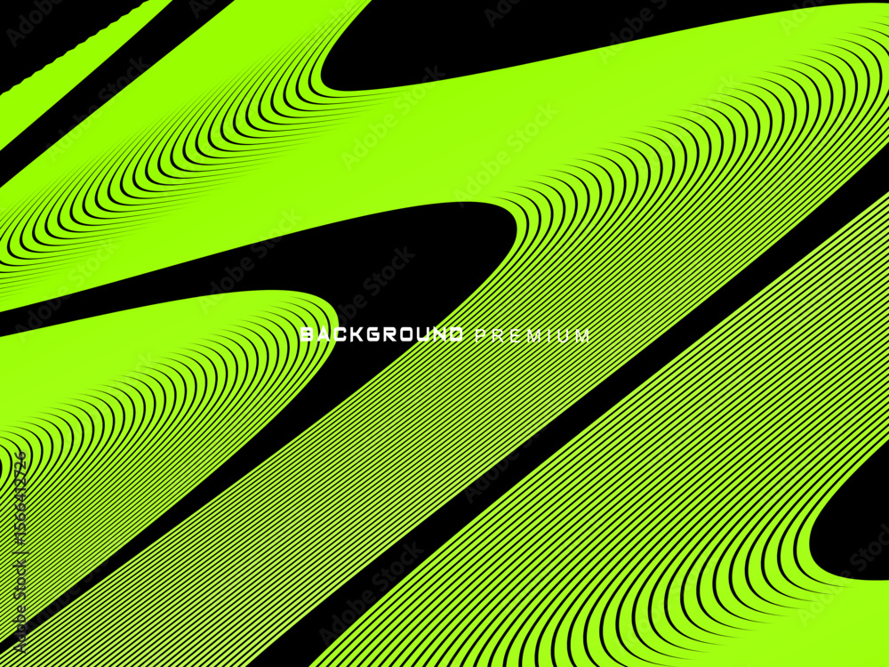 Fototapete background pattern of bright green neon stripes that curve and wavy dynamically on a black backgroun
