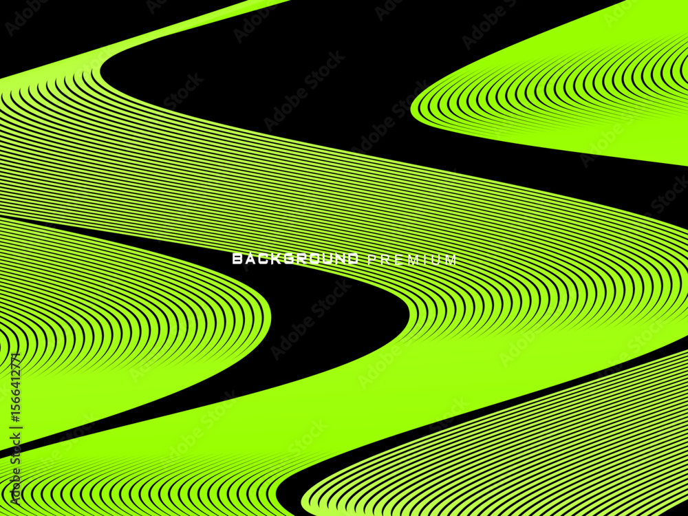 Fototapete background pattern of bright green neon stripes that curve and wavy dynamically on a black backgroun
