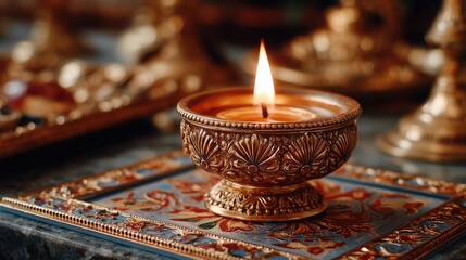 Elegant candle in decorative holder on ornate surface.