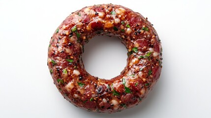 A ring of meat with herbs and spices, useful for cooking websites and deli ads.