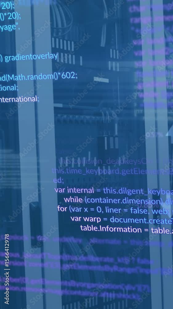 Poster animation of computer language and connected icons over data server racks in server room