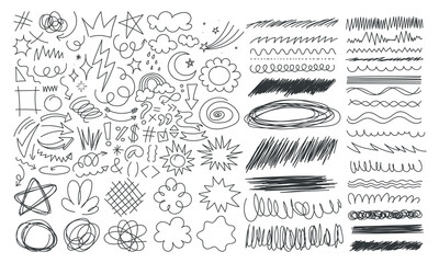 Hand drawn set of miscelanous doodles, vector illustration, background, line hand drawings, design elements, abstract scribbles, border, arrow, y2k color.