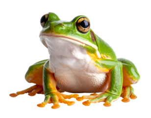 A captivating green and orange tree frog with prominent golden eyes sits calmly, observing its surroundings.