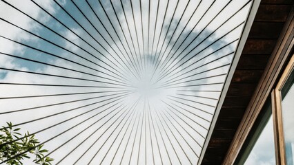 A symmetrical upward view of a circular wire canopy with a central point, framed by a building edge and sky with some greenery at the corner.