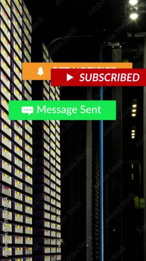 Poster animation of notification icons over data server racks