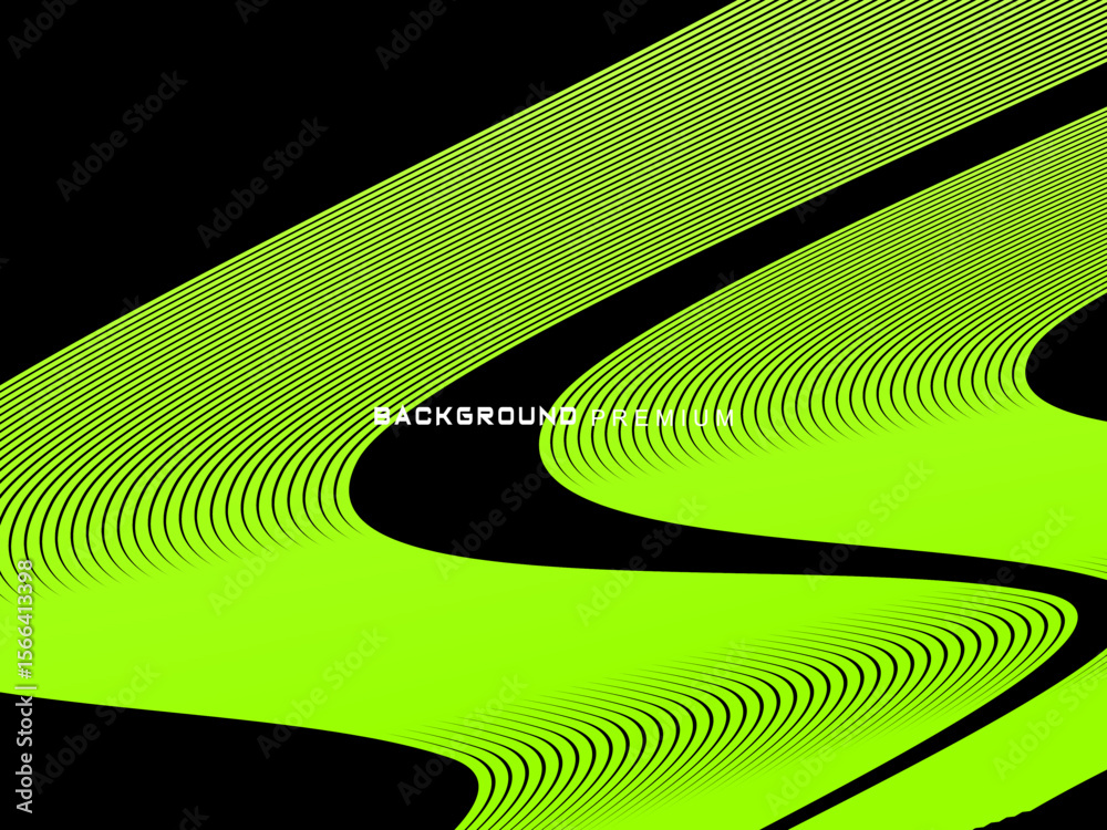 Fototapete background pattern of bright green neon stripes that curve and wavy dynamically on a black backgroun