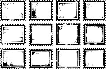 Vintage stamp border frame set, grunge postage edge, retro mail template, black outline, vector collection