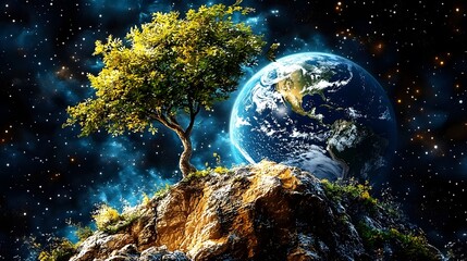 Tree Standing Tall on Rocky Cliff Against Planet Earth and Starry Sky