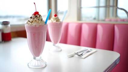 Delicious strawberry milkshake with whipped cream and cherry in retro diner setting