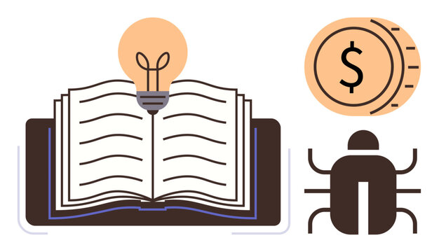Open book with a glowing light bulb above, coin with dollar sign, and bug emphasizing learning, creativity, economy, debugging, education, research and technology. Ideal for inspiration innovation