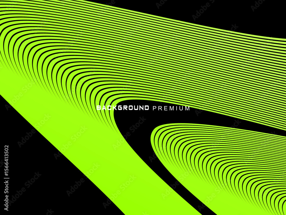 Fototapete background pattern of bright green neon stripes that curve and wavy dynamically on a black backgroun