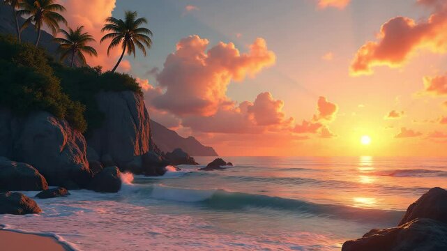 Serene beach at sunset with palm trees, bathed in golden light, against a tropical ocean backdrop