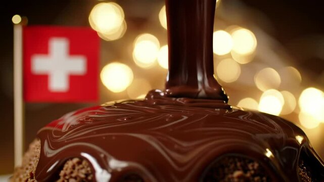 melted chocolate drizzled over traditional dessert, with backdrop of blurred festive lights and switzerland flag. sweet traditions of swiss national day. ice cream, food, culinary arts, celebration