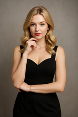 Fototapeta premium Confident Young Blonde Woman in Elegant Black Dress Posing with Hand on Chin, Studio Portrait with Neutral Background