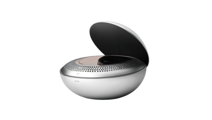Spherical, silver-toned audio device with open lid