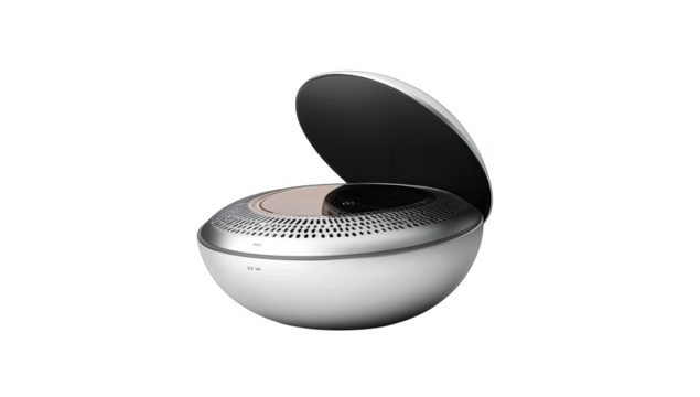 Spherical, silver-toned audio device with open lid