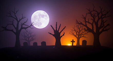 Spooky Halloween Graveyard Scene with Full Moon and Silhouetted Trees