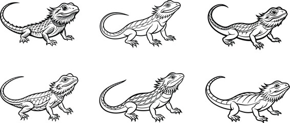 Black and white digital artwork of six bearded dragons in various poses