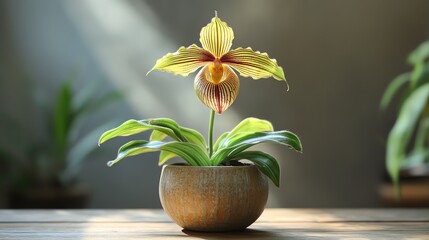 macro view of a striped Paphiopedilum
