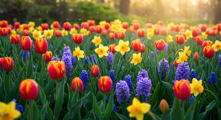 Vibrant Floral Field with Tulips, Daffodils, and Hyacinths