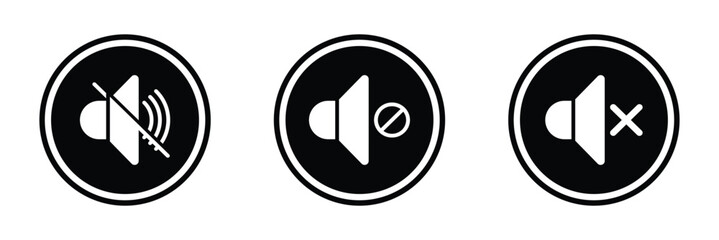 Volume icon set, mute speaker icon for audio control, sound management, No sound mute speaker, volume off audio silence icon