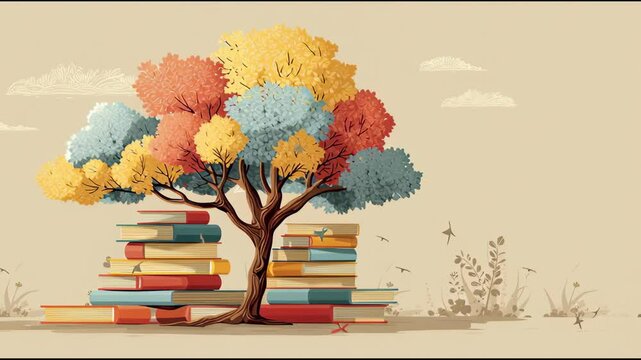 International literacy day concept with tree with books like leaves. Literacy, education, knowledge concept with color books on tree
