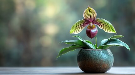 macro view of a striped Paphiopedilum