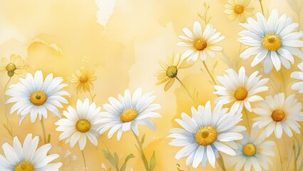 Obraz premium Seamless watercolor pattern of blooming white daisies and golden chamomile on a soft yellow background, airy and delicate floral composition with gentle gradients