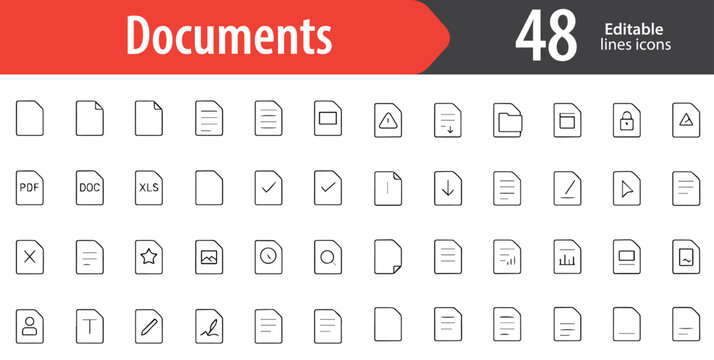 Documents Line Icons, File, PDF, Text Page, Clipboard, File Folder, Editable Formats: AI, EPS, PNG, JPG, Ideal for Both Digital and Print Use
