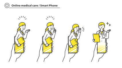 オンライン診療：スマートフォンから応答する女性医師　セット 2c