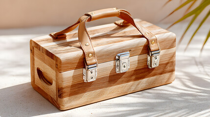 Wooden toolbox with leather straps resting on a light surface, showcasing craftsmanship and design, perfect for storage and organization needs. Selective focus
