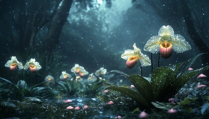 Paphiopedilum orchid in fantasy forest setting
