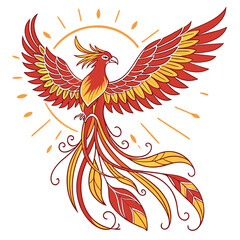 Fototapeta premium Red and yellow phoenix bird with sun rays on white background