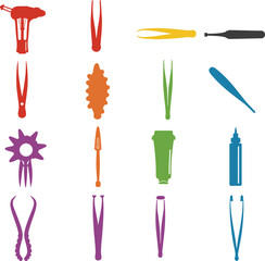 Beauty Tweezers and Cosmetic Tools Vector Illustration Set, Diverse Grooming Products Collection, Colorful Personal Care Appliances for Salon & Spa Concepts.