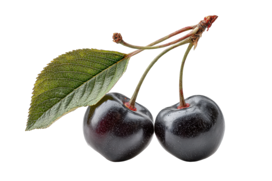PNG Black cherries with leaf on black background