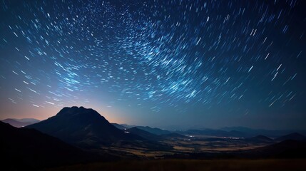 Long exposure star trails paint the dark night sky above mysterious mountain landscape