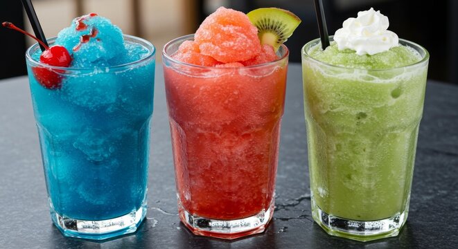 Three Colorful Frozen Smoothies in Glasses