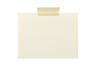 A blank creamcolored note is attached with beige adhesive tape isolated on transparent background